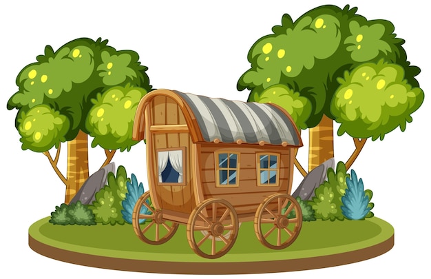 Vector rustic wooden caravan in nature