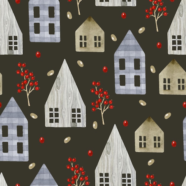 Rustic wooden houses with berries seamless pattern watercolor on dark background