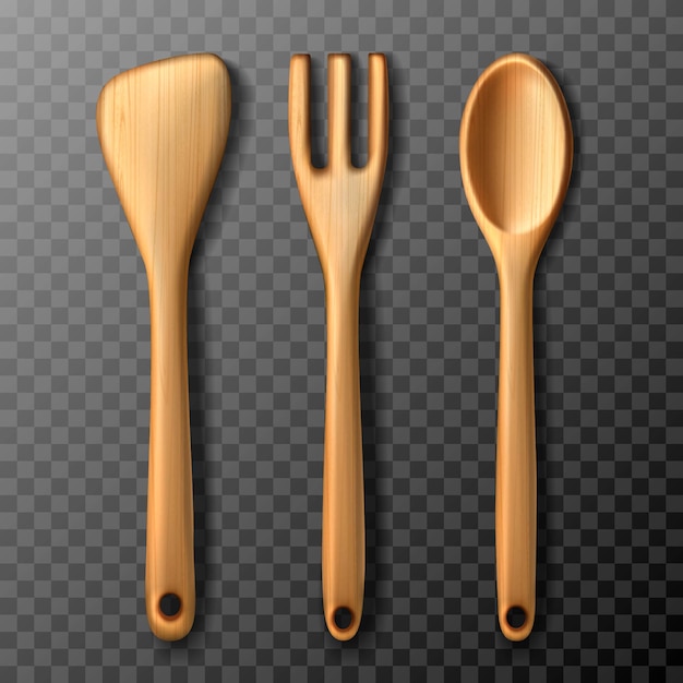 Vector rustic wooden kitchenware set of fork, spoon and spatula. isolated on transparent background.