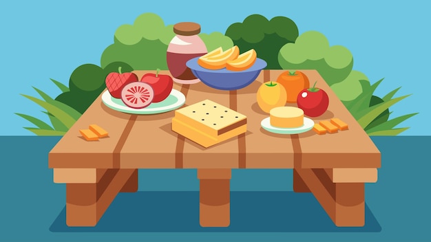 Vettore un tavolo da picnic in legno rustico con una varietà colorata di frutta fresca cracker e formaggio ideale