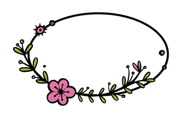 Rustic wreath divider with handdrawn flowers Oval doodle wreath with colored leaves and flowers