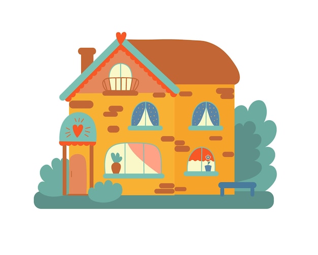 Rustiek huis met twee verdiepingen op een geïsoleerde achtergrond Huis van grootouders Briefkaartontwerp Illustratie