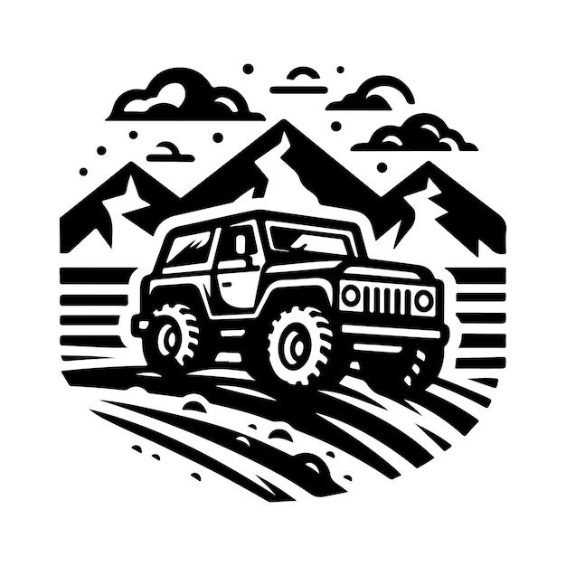 rustieke met de hand getekende logo-illustratie van een off-road auto