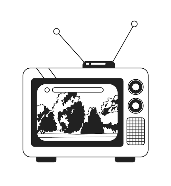 Rustige parkbomen op 1970s tv zwart-wit 2D cartoon object Old fashioned retro televisieprogramma geïsoleerd vector outline item Watch nostalgie show monochromatische flat spot illustratie