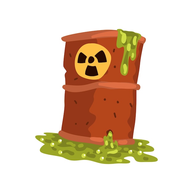 Rusty flowing barrel of nuclear waste ecological problem environmental pollution concept vector illustration isolated on a white background