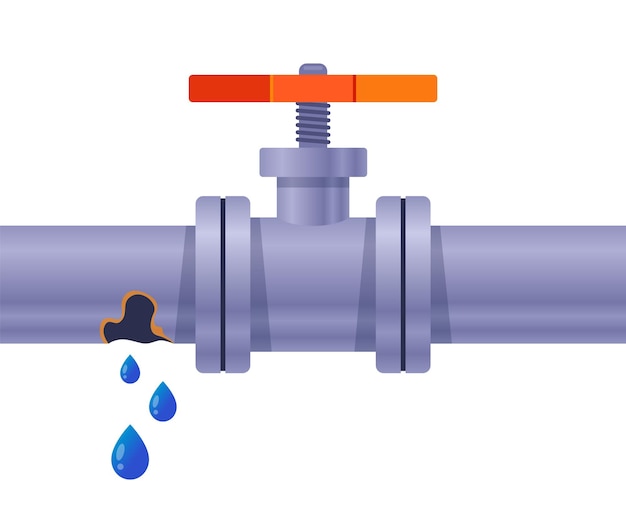 물이 있는 녹슨 파이프. 구멍에서 떨어집니다. 평면 벡터 일러스트 레이 션.