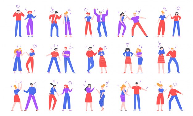 Ruzie mensen. Crier karakters, vloeken vrienden en familieleden, conflict, onenigheid en respectloze mensen illustratie. Negatieve emoties expressie geïsoleerde pack