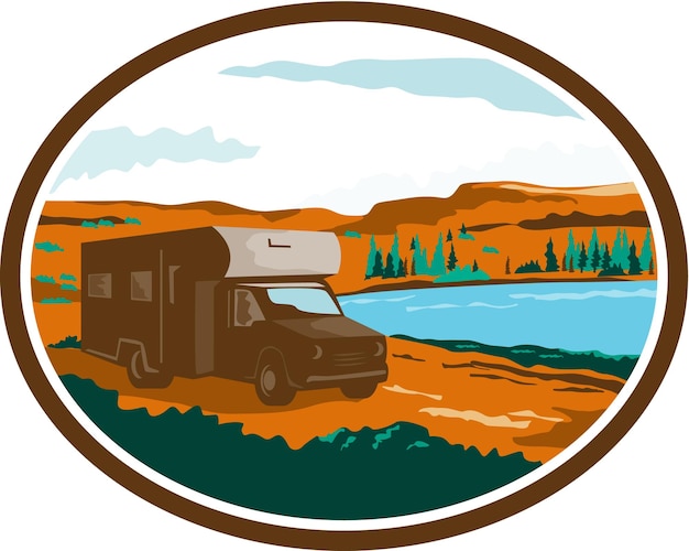 Vector rv camper van desert scene oval retro