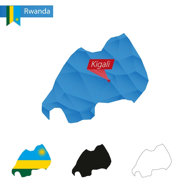 Синяя карта руанды low poly со столицей кигали