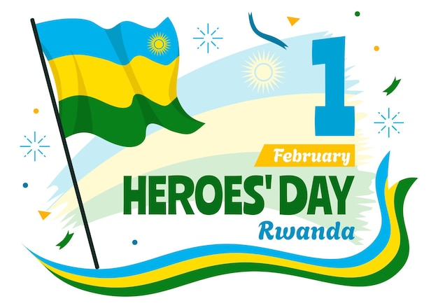 Illustrazione della giornata degli eroi del ruanda il 1 ° febbraio con la bandiera ruandese e il monumento ai soldati che hanno lottato