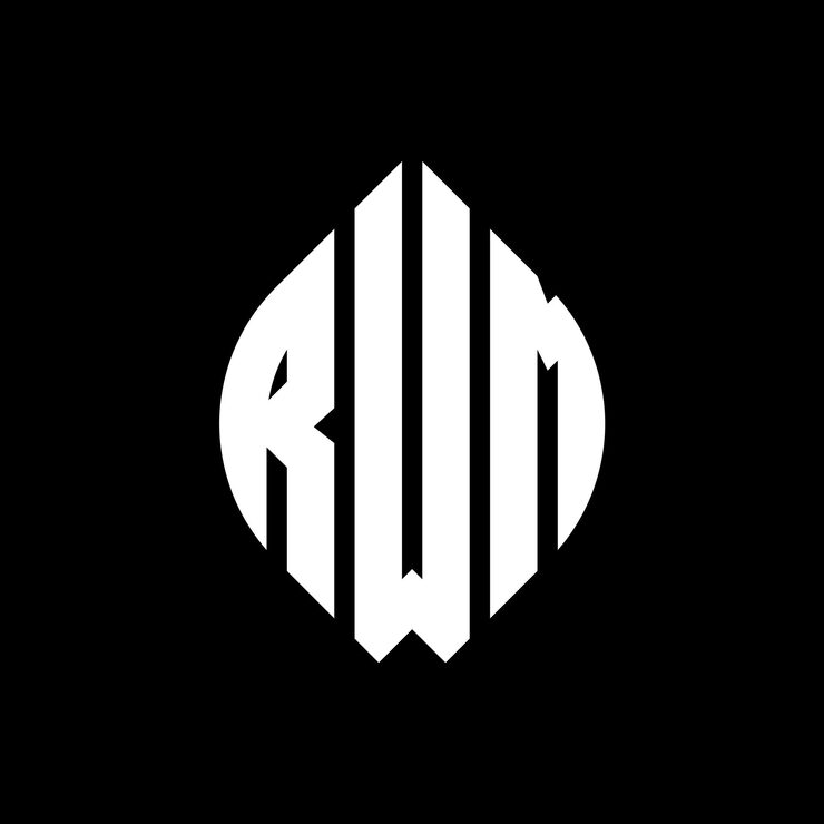 Vector 원형과 타원형으로 된 rwm 원형 글자 로고 디자인 rwm 타원형 글자 타이포그래픽 스타일로 세 개의 이니셜이 원형 로고를 형성합니다 rwm 서클 블럼 추상 모노그램 글자 마크 터