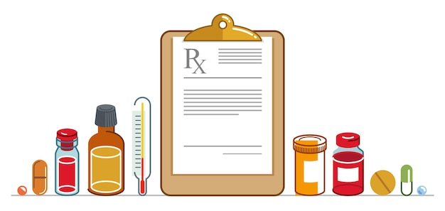 RX doktersrecept met verschillende medicijnen en medicijnen vector vlakke stijl illustratie geïsoleerd over wit, reclamebanner gezondheidszorg en genezing medisch themaontwerp.