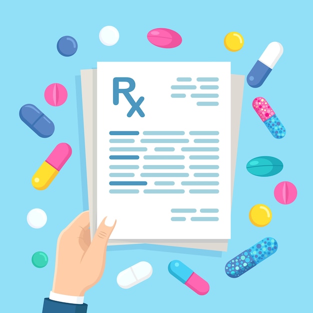 Modulo di prescrizione rx in mano al medico. documento clinico e pillole, compresse