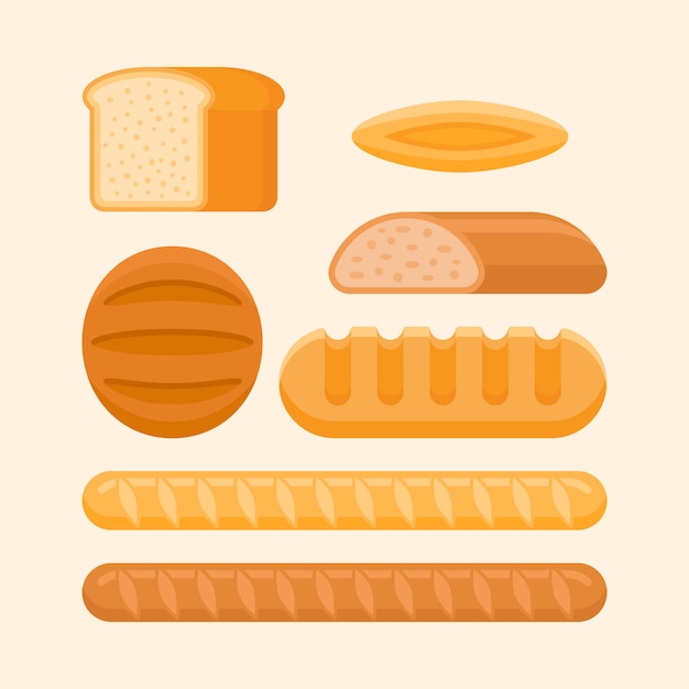 Ржаной и пшеничный хлеб, батон, французский багет, булочка в плоском стиле.