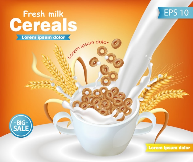 Rye cereals bowl with milk splash mockup