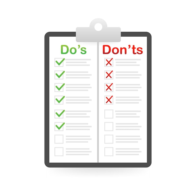 Do's and Don'ts list on paper Vector illustration isolated on white background