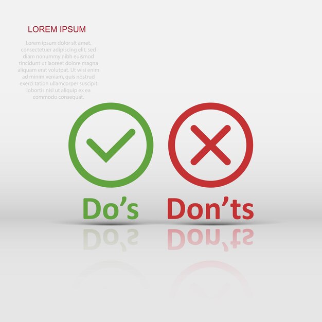 Do's and don'ts sign icon in flat style Like unlike vector illustration on white isolated background Yes no business concept