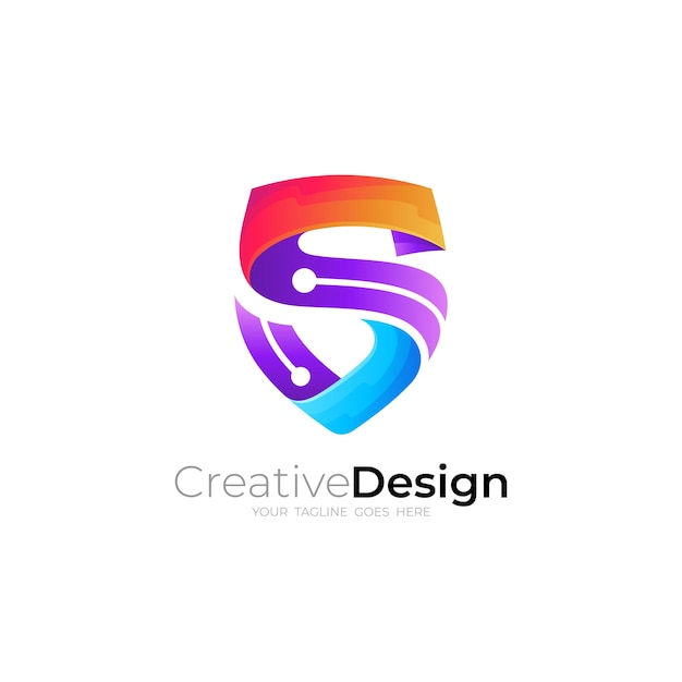 S logo with shield design combination 3d colorful style