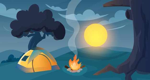 's nachts kamperen Zomerkamp in bos met kampvuur en tent 's nachts. Cartoon vectorillustratie o