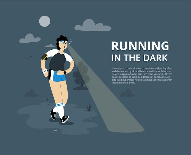 's nachts rennen in het bos jonge man loopt in het park met zaklamp sport in donkere avond platte vectorillustratie