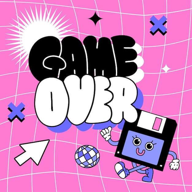 S видеоигра цитирует игру оконченной на искаженном клетчатом фоне с винтажным персонажем дискеты