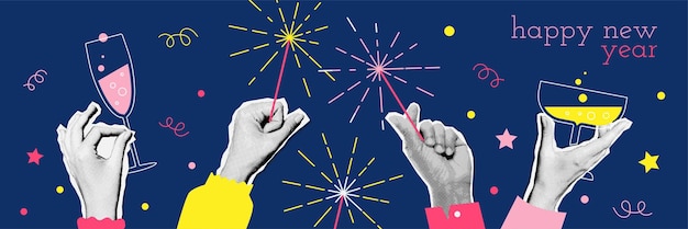 S vintage new year banner design with hands holding champagne glasses and sparklers torn out paper