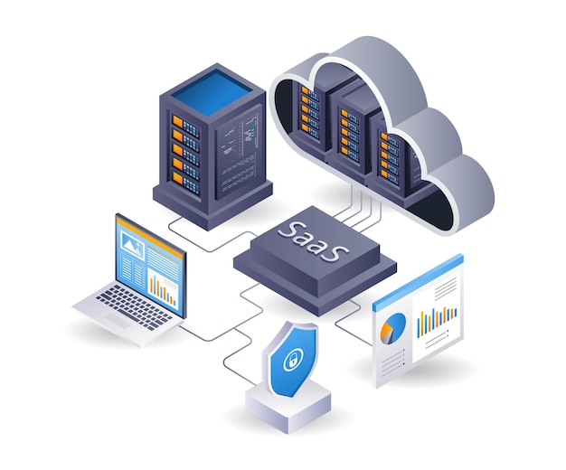 SaaS cloud server technology system process flat isometric 3d illustration infographic
