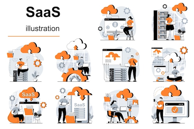 SaaS-concept met scènes van mensen in een plat ontwerp Visuele verhalen met vectorillustratie