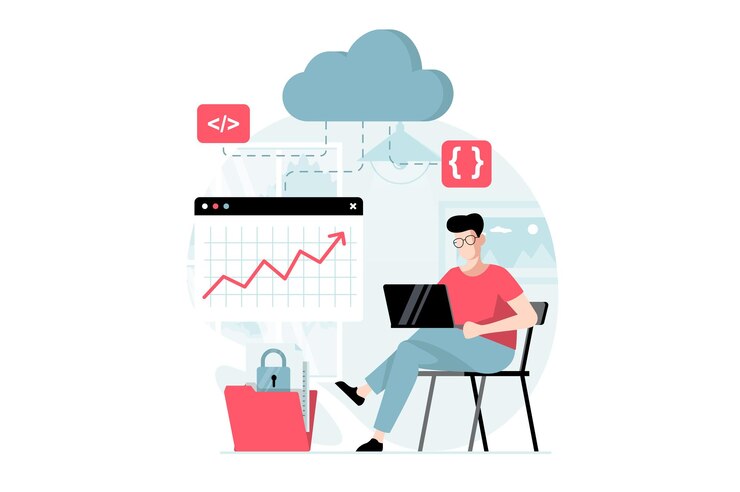 Vector saas concept with people scene in flat design man uses cloud technologies to exchange data analyzing data and cloud computing for subscription vector illustration with character situation for web
