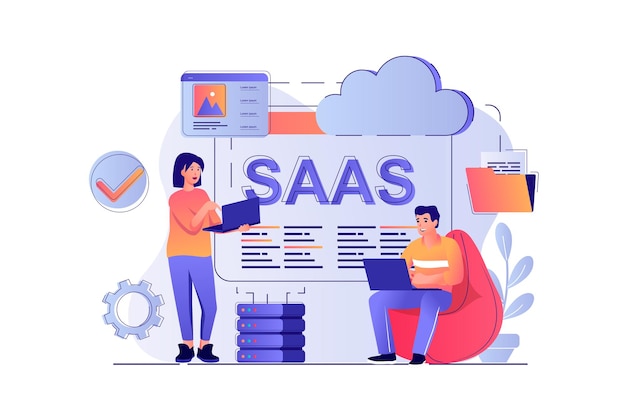 Saas concept with people scene woman and man uses software as service online subscription to programs data center and cloud technology vector illustration with characters in flat design for web