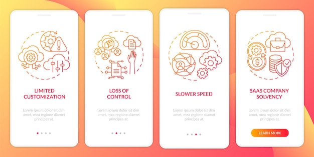 Difficoltà saas nell'onboarding della schermata della pagina dell'app mobile con i concetti. solvibilità aziendale, procedura dettagliata per la perdita di accesso ai dati modello di interfaccia utente in 4 passaggi con illustrazioni a colori rgb