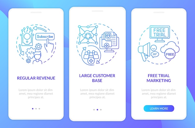 saas pluses for developers onboarding mobile app page screen with concepts. constant revenue, client base walkthrough 3 steps. ui  template with rgb color 