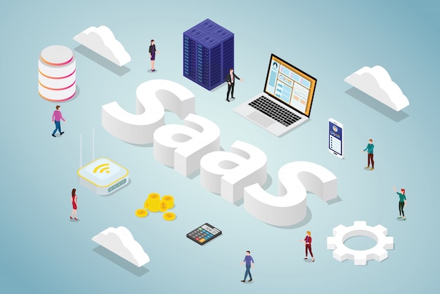 Saas Software как сервис-бизнес-концепция с большим словом и серверной базой данных веб-приложение компьютерного приложения в изометрическом современном стиле