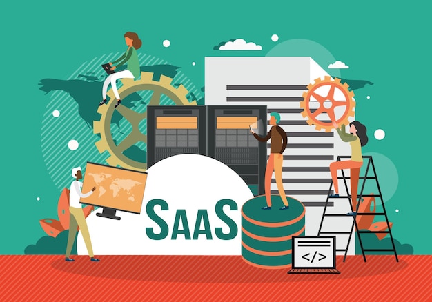 SaaS、サービスコンセプトフラットベクトルイラストとしてのソフトウェア。インターネットソフトウェア、アプリケーション。クラウドコンピューティング。