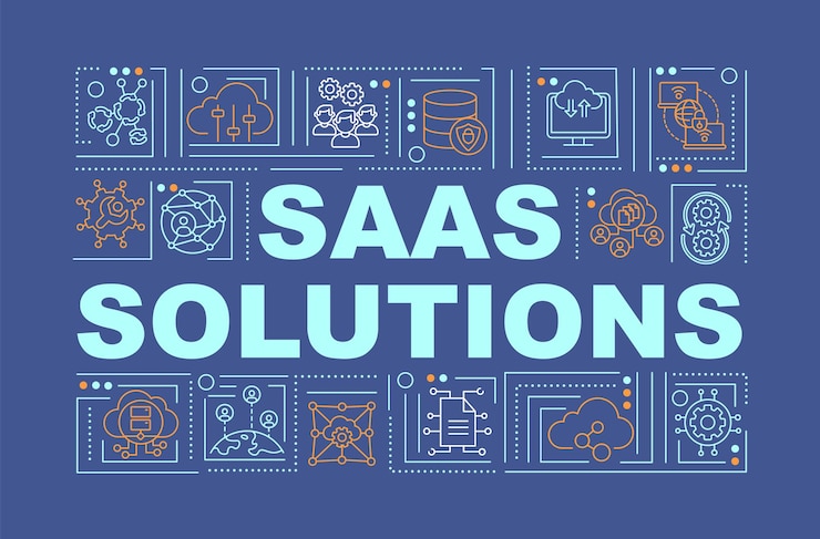 Vector saas solutions word concepts banner. creating cloud system for remote work with customers. infographics with linear icons on navy background. isolated typography.  outline rgb color illustration