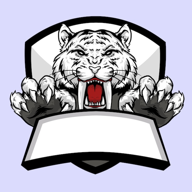 sabertooth tijger wit hoofd met klauw en banner embleem logo mascotte ontwerp