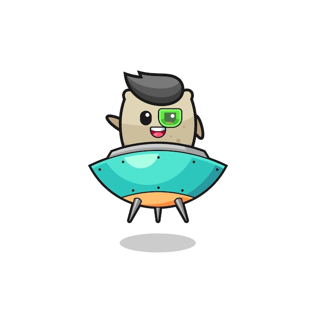 Sack cartoon riding a future spaceship , cute design