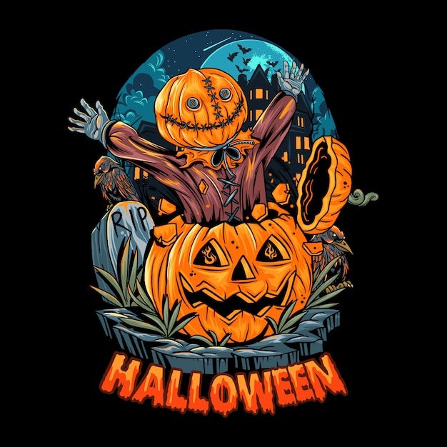 Vector a sack-headed human comes out of a halloween pumpkin and makes a shock because it's so scary. editable layers vector