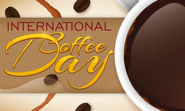 ベクトル 国際コーヒーデーを祝うカップの横に汚れと豆が描かれた袋のラベル