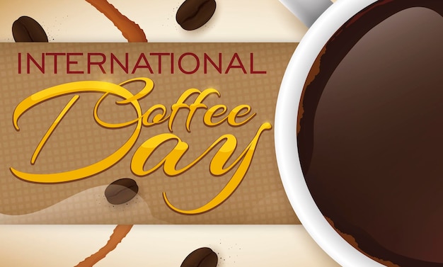 Sack label with stain and beans next to cup to celebrate International Coffee Day