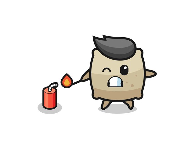 Sack mascot illustration playing firecracker , cute design