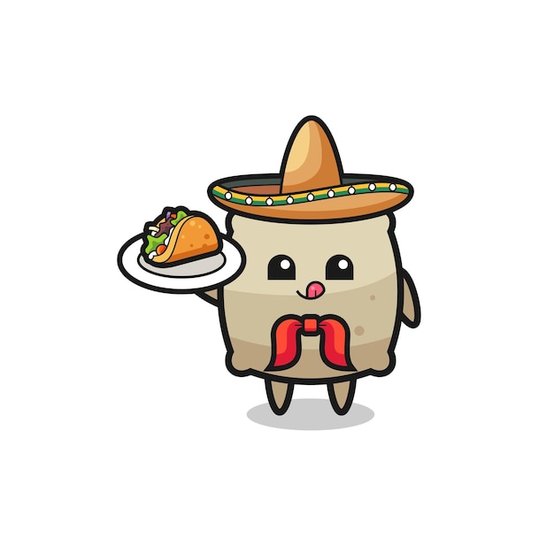 Sack Mexican chef mascot holding a taco  cute design