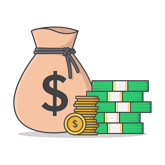 Sack Of Money And Big Pile Of Cash Money   Icon Illustration. Money Bag Flat Icon