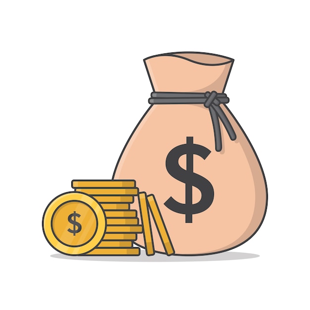 Sacco di soldi e monete di denaro icona illustrazione