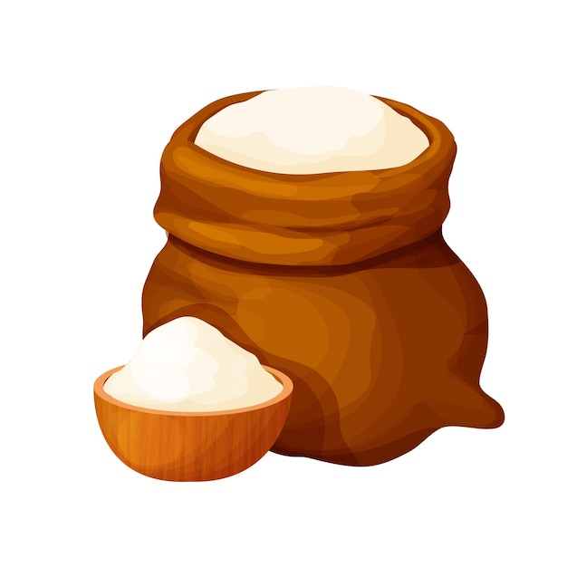 Vector sack with flour wheat powder open bag with wooden bowl in cartoon style