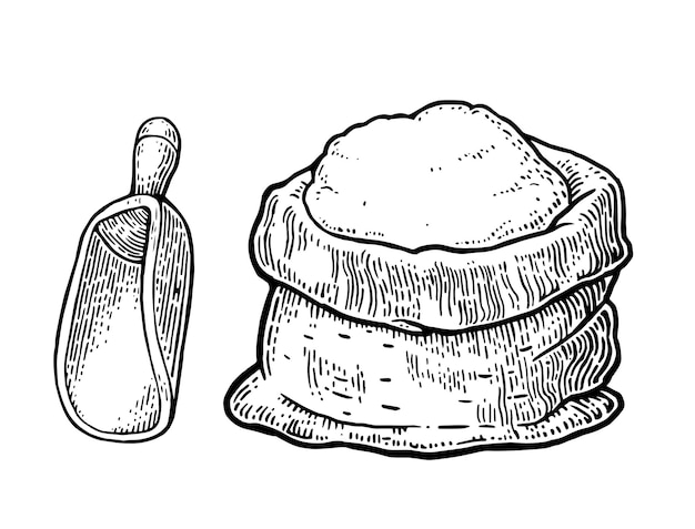 Мешок с цельной мукой с деревянным совком Ручной рисунок в стиле эскиза Винтажная черная векторная гравировка иллюстрация для этикетки Интернет-магазин пекарни Живодер Изолированный на белом фоне