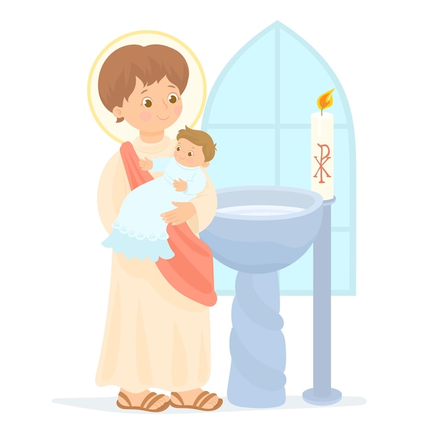 Vector sacrament of baptism baby jesus baptizes a baby