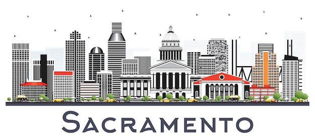 Горизонт города Сакраменто Калифорния с серыми зданиями, изолированными на белом