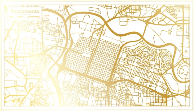 Карта города Сакраменто США в стиле ретро в контурной карте золотого цвета