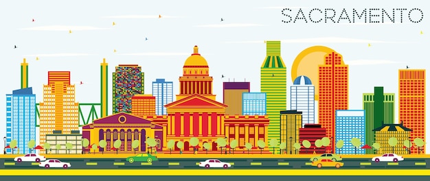 Sacramento usa skyline met kleur gebouwen en blauwe lucht. vectorillustratie. zakelijk reizen en toerisme concept met moderne architectuur. afbeelding voor presentatiebanner plakkaat en website.